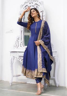 Blue Printed Viscose Kurta Set