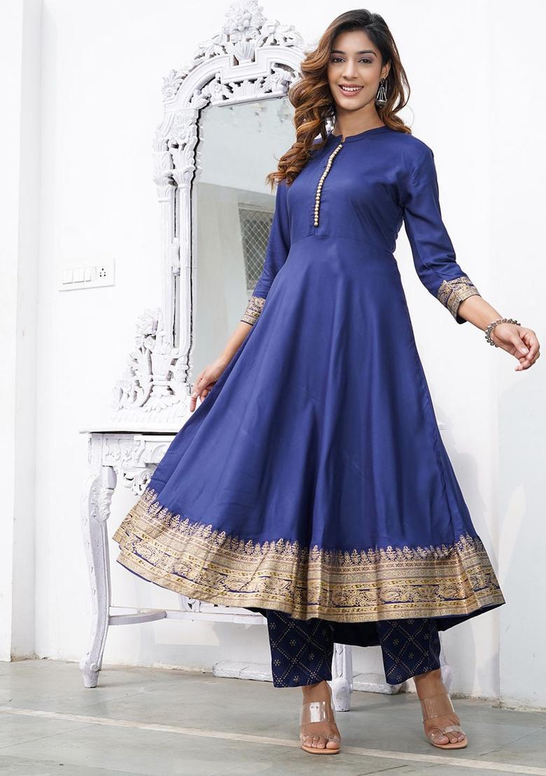 Blue Printed Viscose Kurta Set - Indya