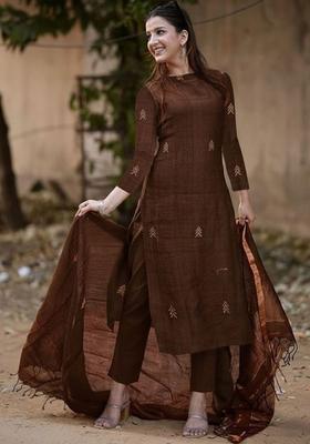 Brown Embroidered Viscose Kurta Set