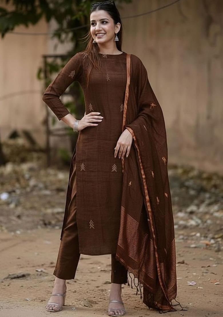 Brown Embroidered Viscose Kurta Set - Indya
