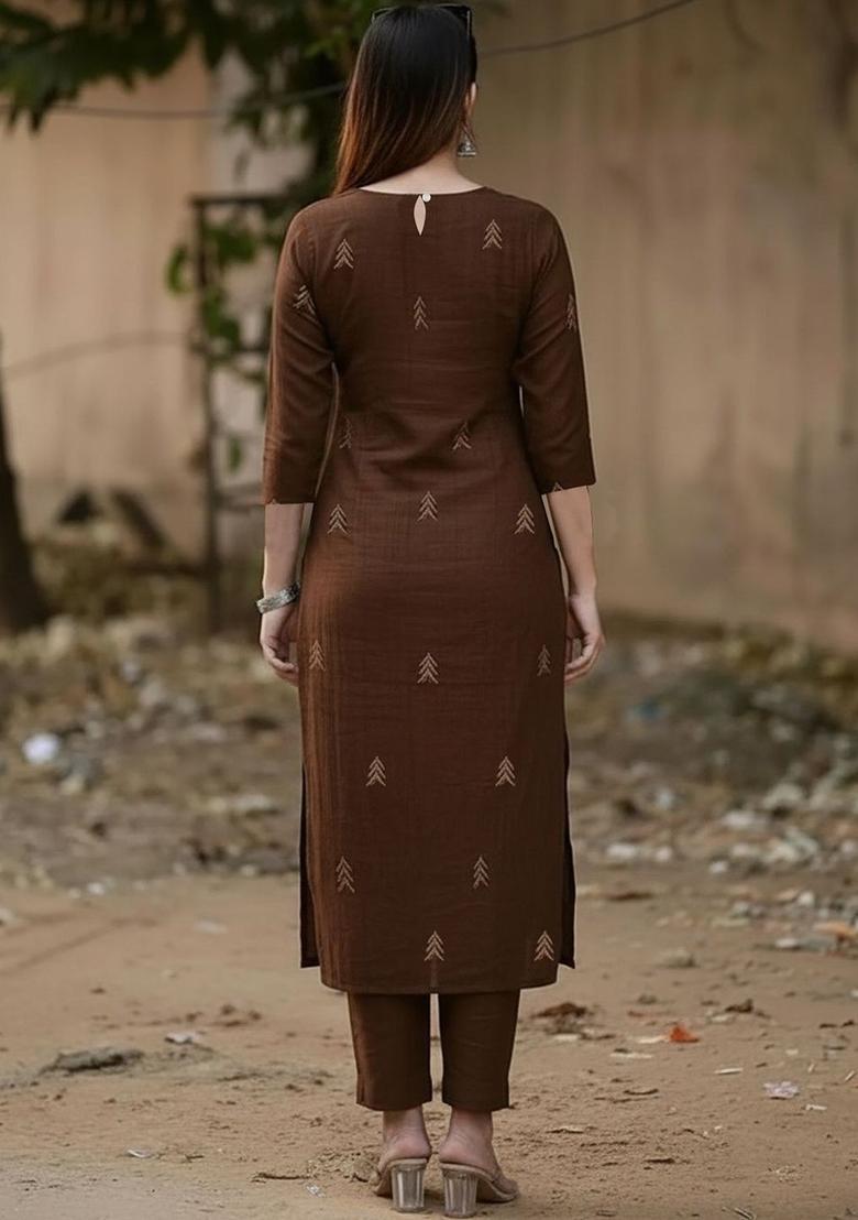Brown Embroidered Viscose Kurta Set - Indya