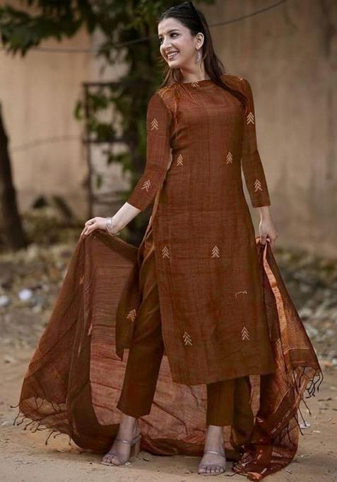 Brown Embroidered Viscose Kurta Set