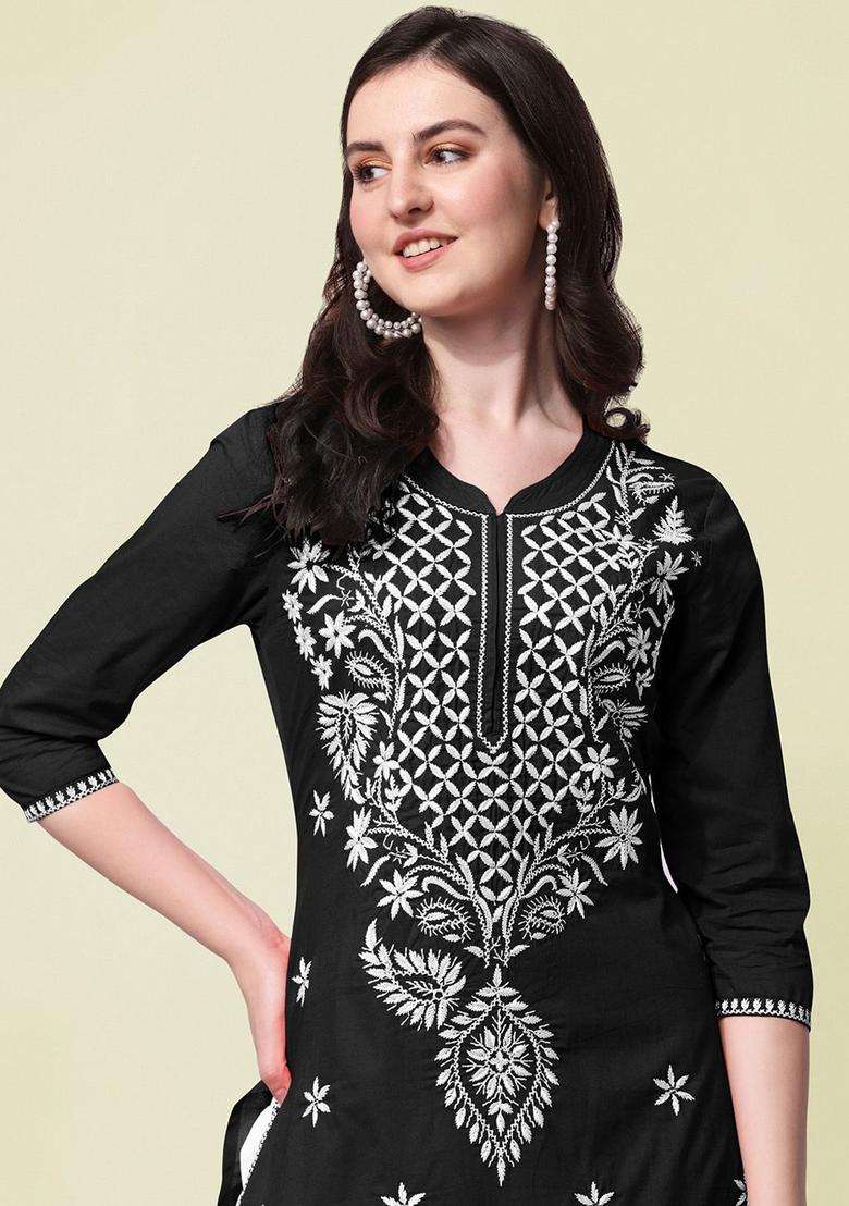 Black Embroidered Cotton Kurta Set - Indya