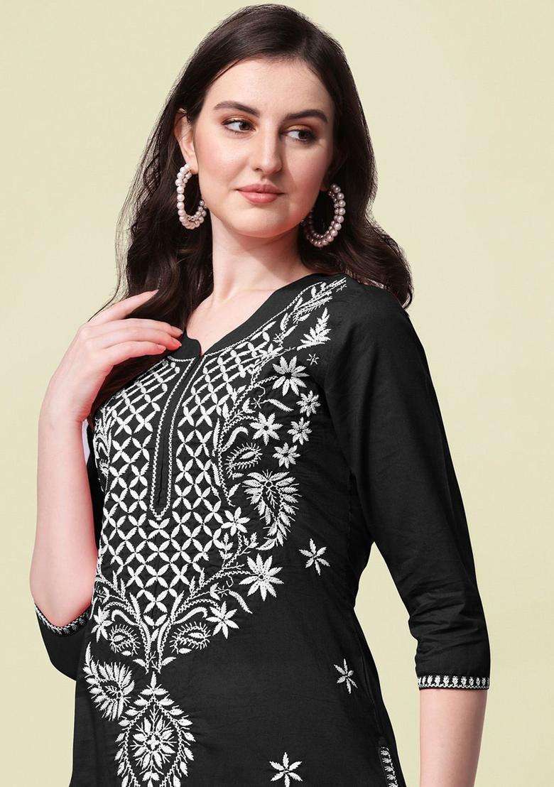 Black Embroidered Cotton Kurta Set - Indya