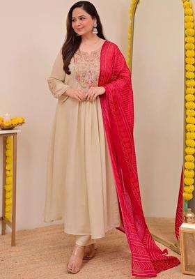 Beige Embroidered Chinon Kurta Set