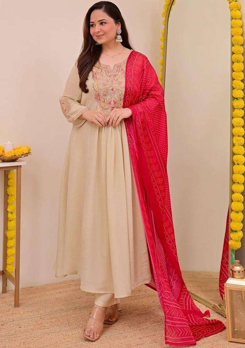 Beige Embroidered Chinon Kurta Set - Indya