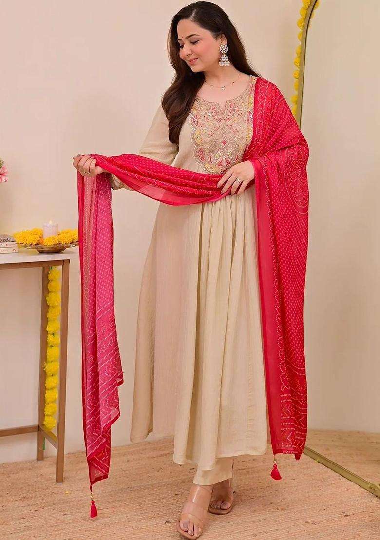 Beige Embroidered Chinon Kurta Set - Indya