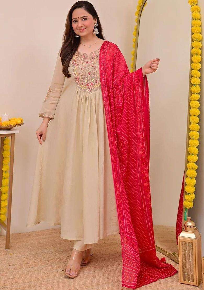 Beige Embroidered Chinon Kurta Set - Indya