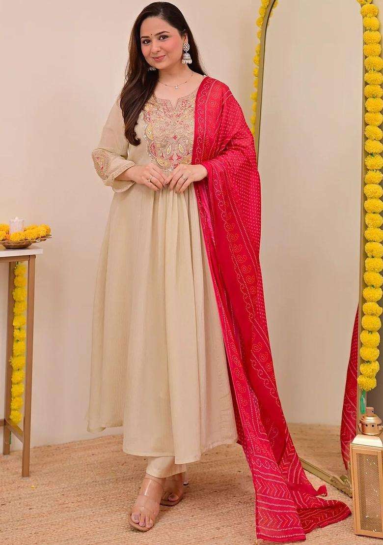 Beige Embroidered Chinon Kurta Set - Indya