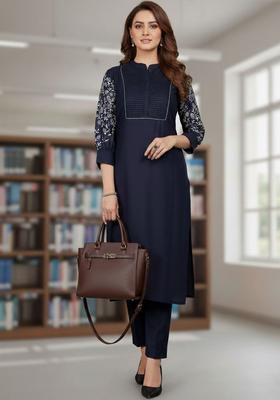 Blue Embroidered Cotton Kurta Set