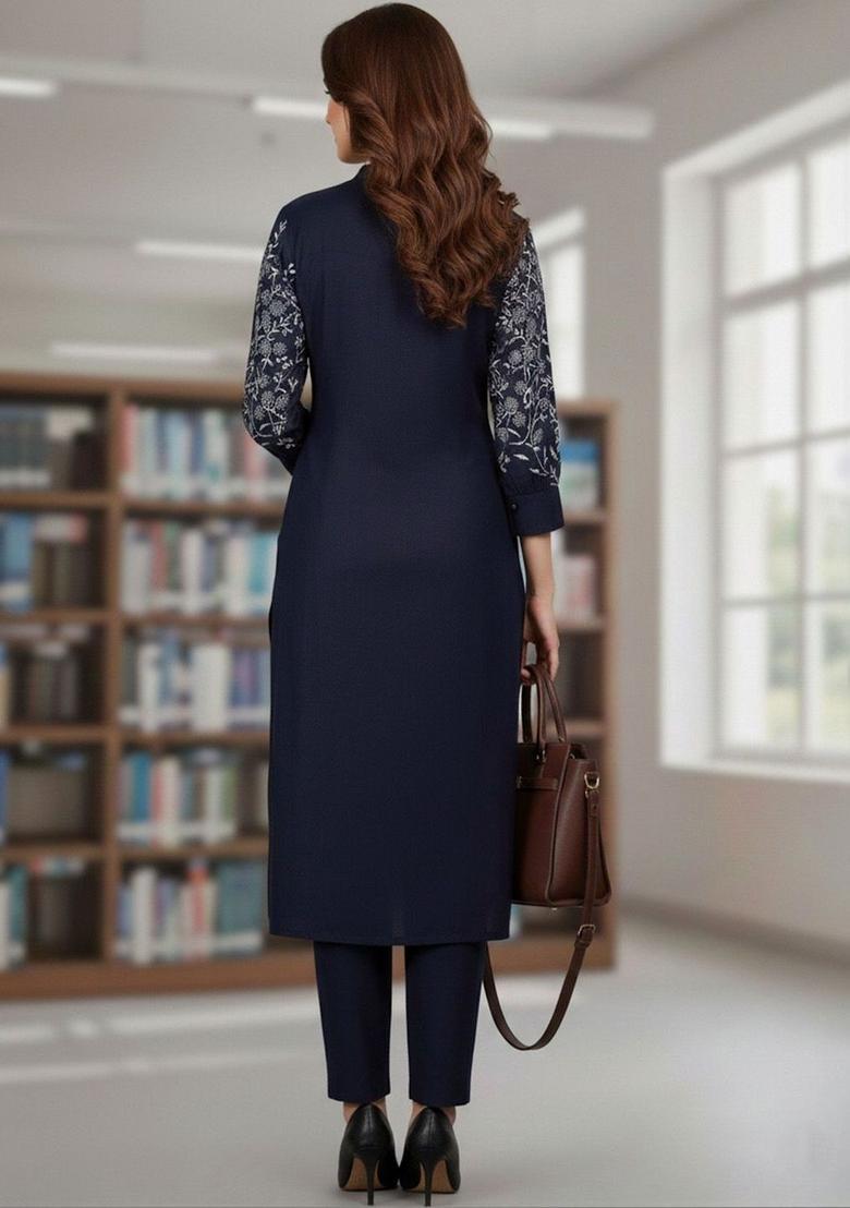 Blue Embroidered Cotton Kurta Set - Indya