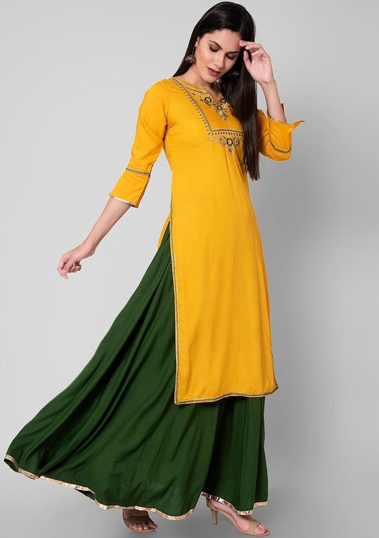Yellow Solid Viscose Kurta Set - Indya