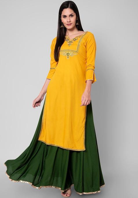 Yellow Solid Viscose Kurta Set — view on Indya