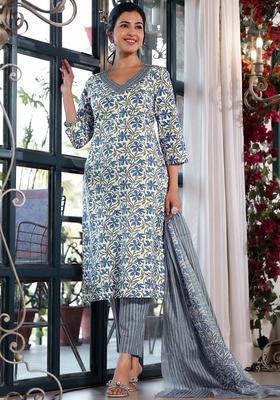 Beige Printed Cotton Kurta Set