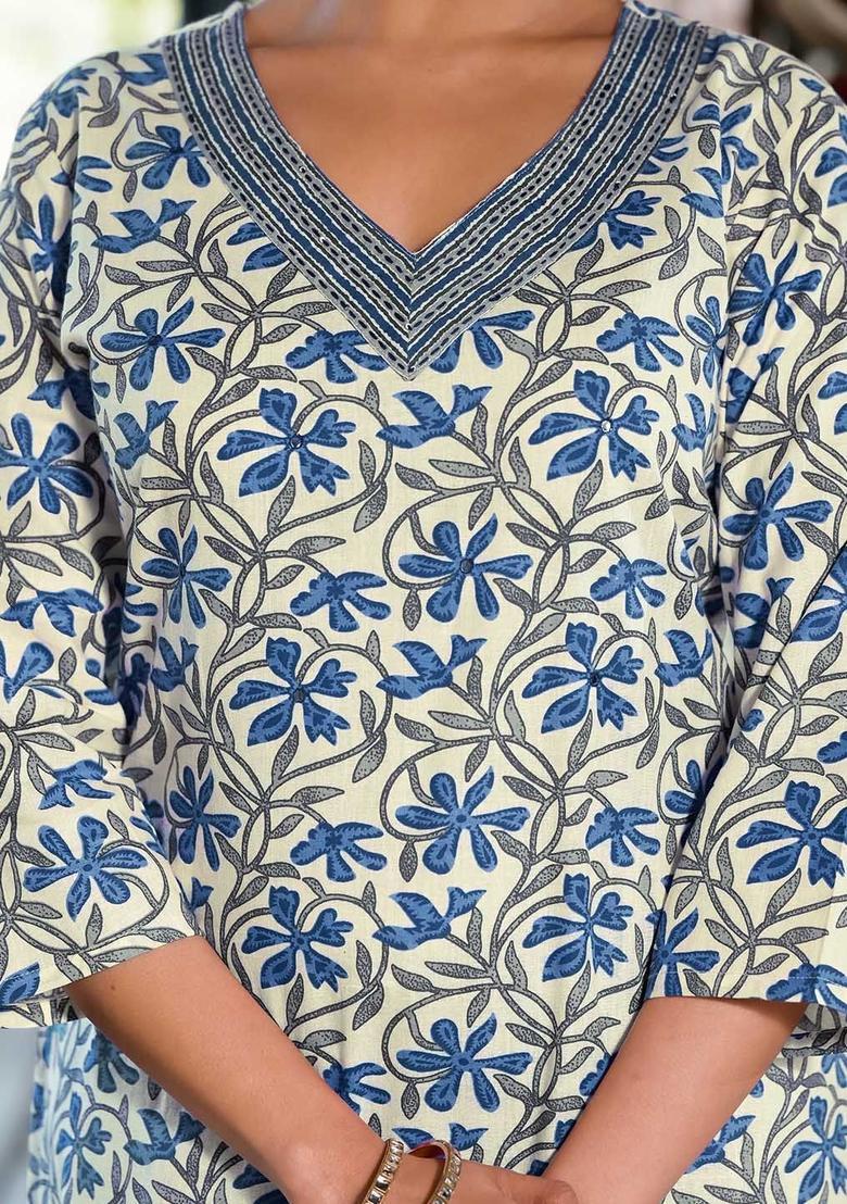 Beige Printed Cotton Kurta Set - Indya
