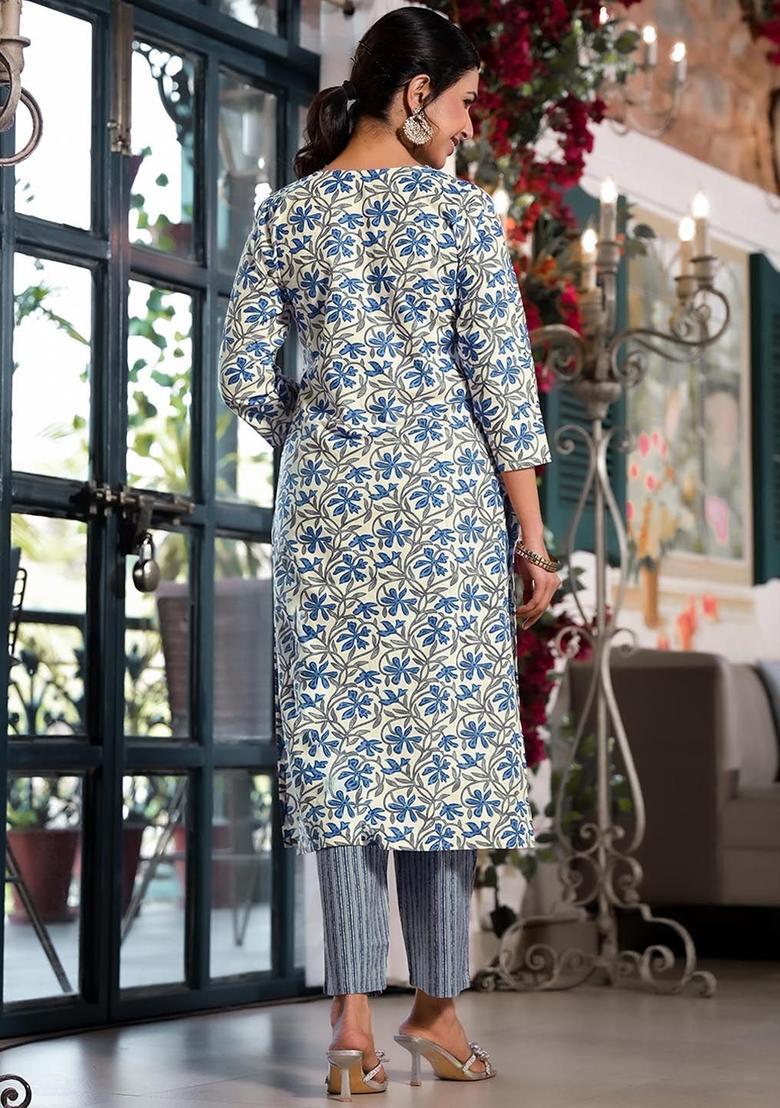 Beige Printed Cotton Kurta Set - Indya