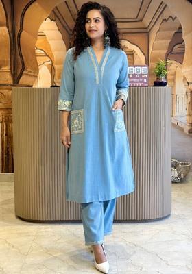 Blue Embroidered Cotton Kurta Set