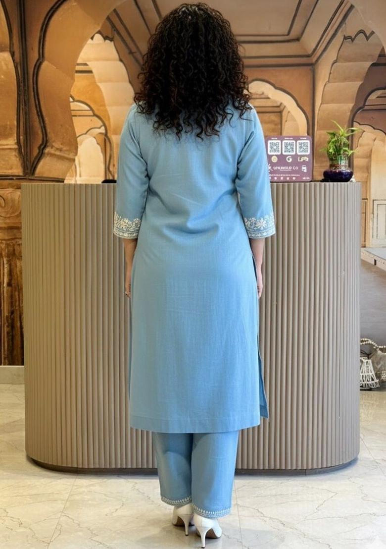 Blue Embroidered Cotton Kurta Set - Indya