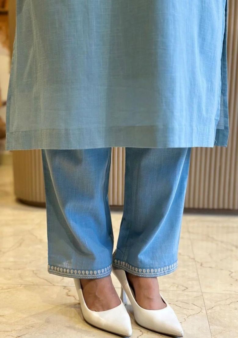 Blue Embroidered Cotton Kurta Set - Indya
