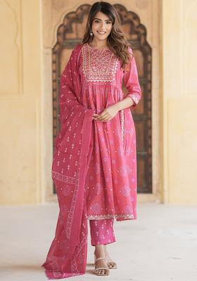 Pink Embroidered Cotton Kurta Set