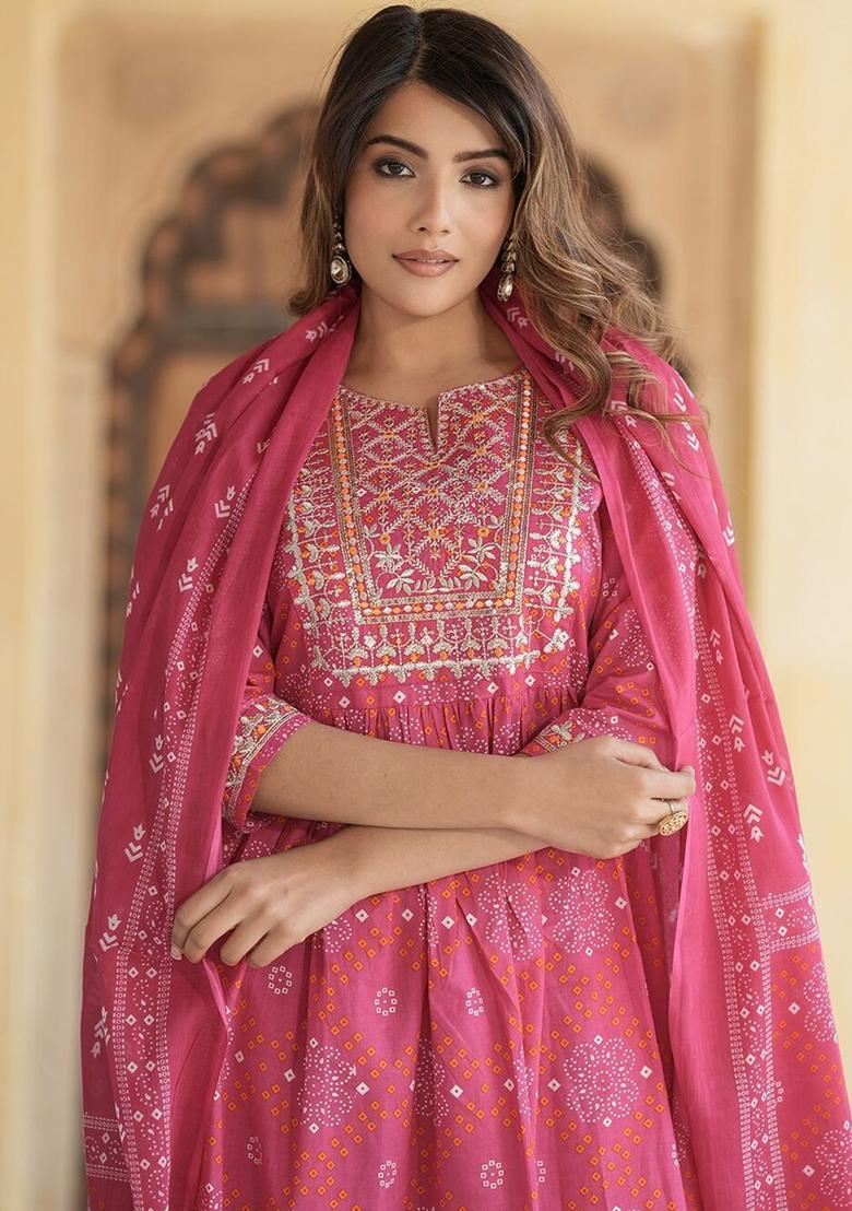 Pink Embroidered Cotton Kurta Set - Indya