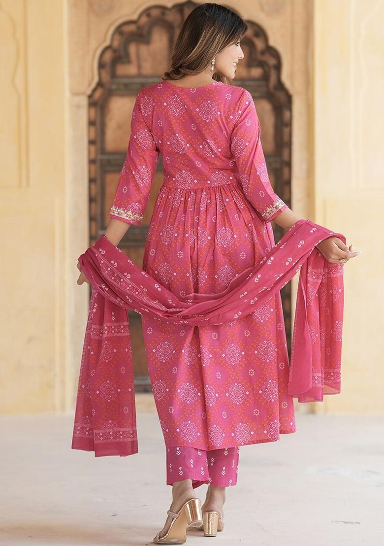 Pink Embroidered Cotton Kurta Set - Indya