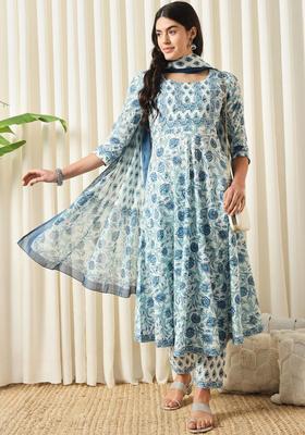 Blue Printed Cotton Kurta Set