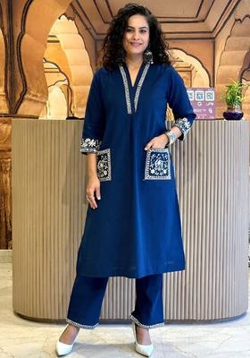 Blue Embroidered Cotton Kurta Set
