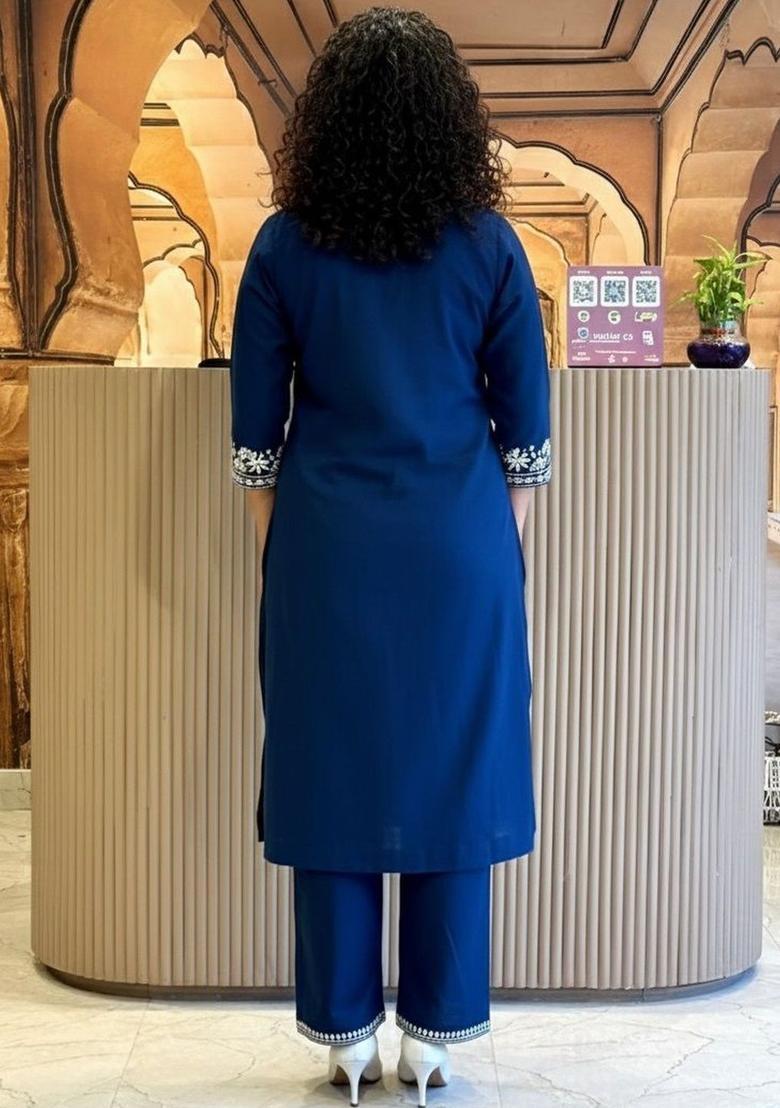 Blue Embroidered Cotton Kurta Set - Indya