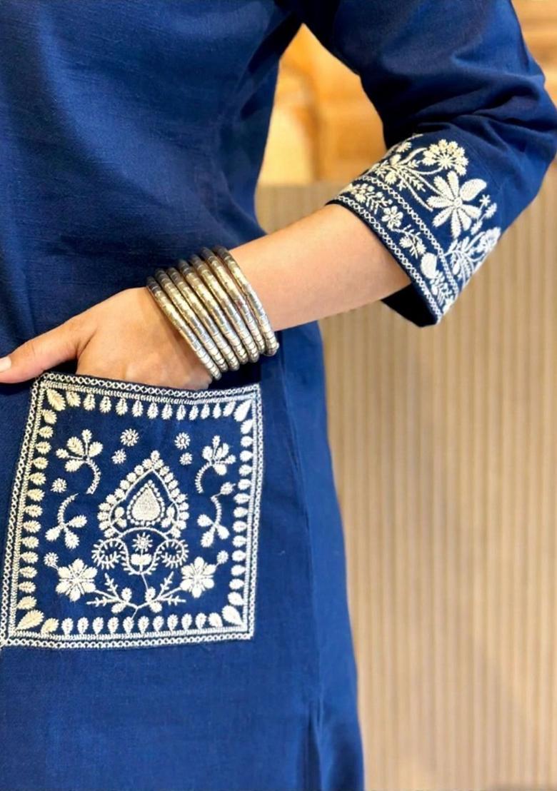Blue Embroidered Cotton Kurta Set - Indya