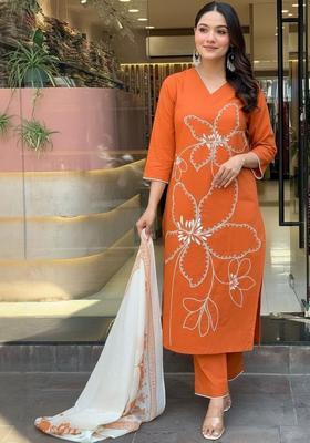 Orange Printed Silk Kurta Set