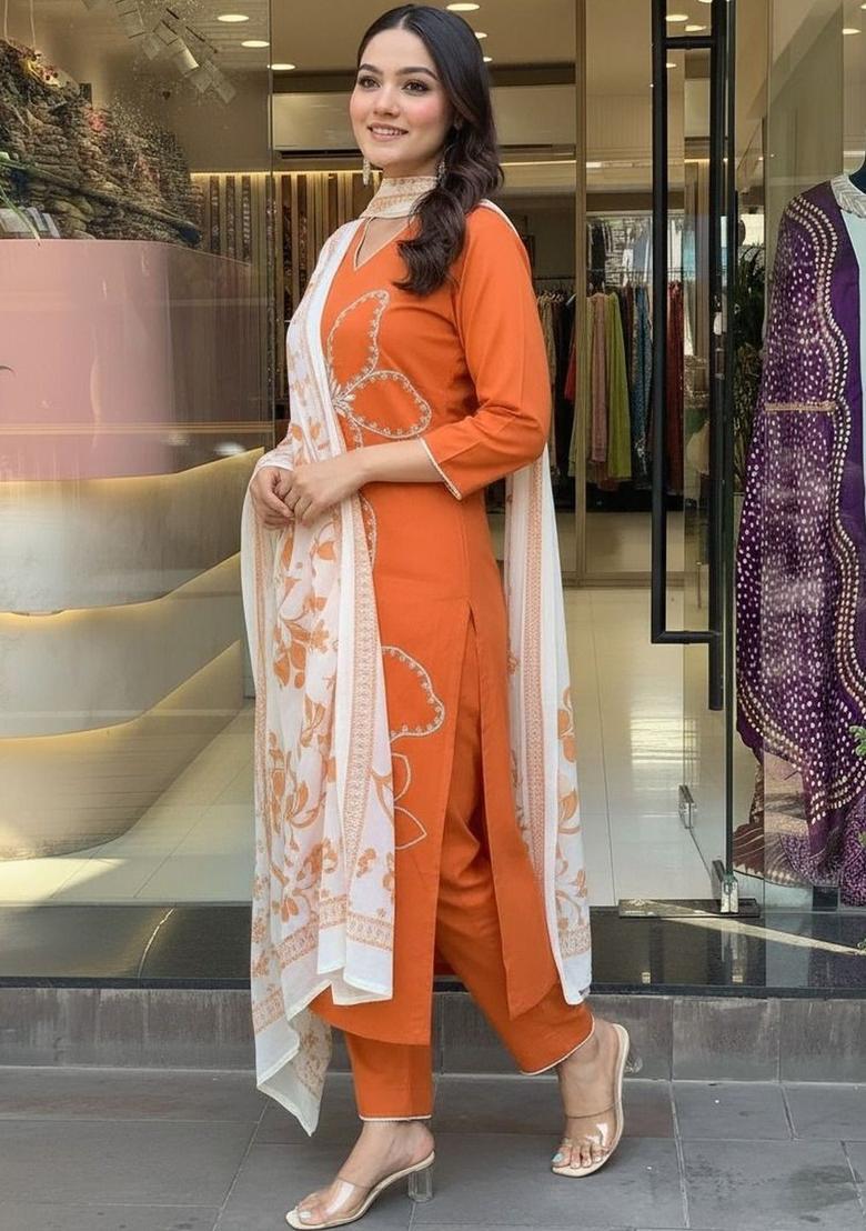 Orange Printed Silk Kurta Set - Indya