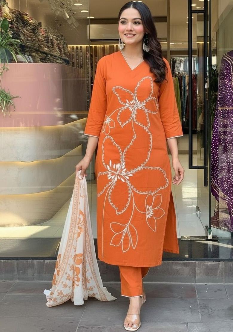 Orange Printed Silk Kurta Set - Indya