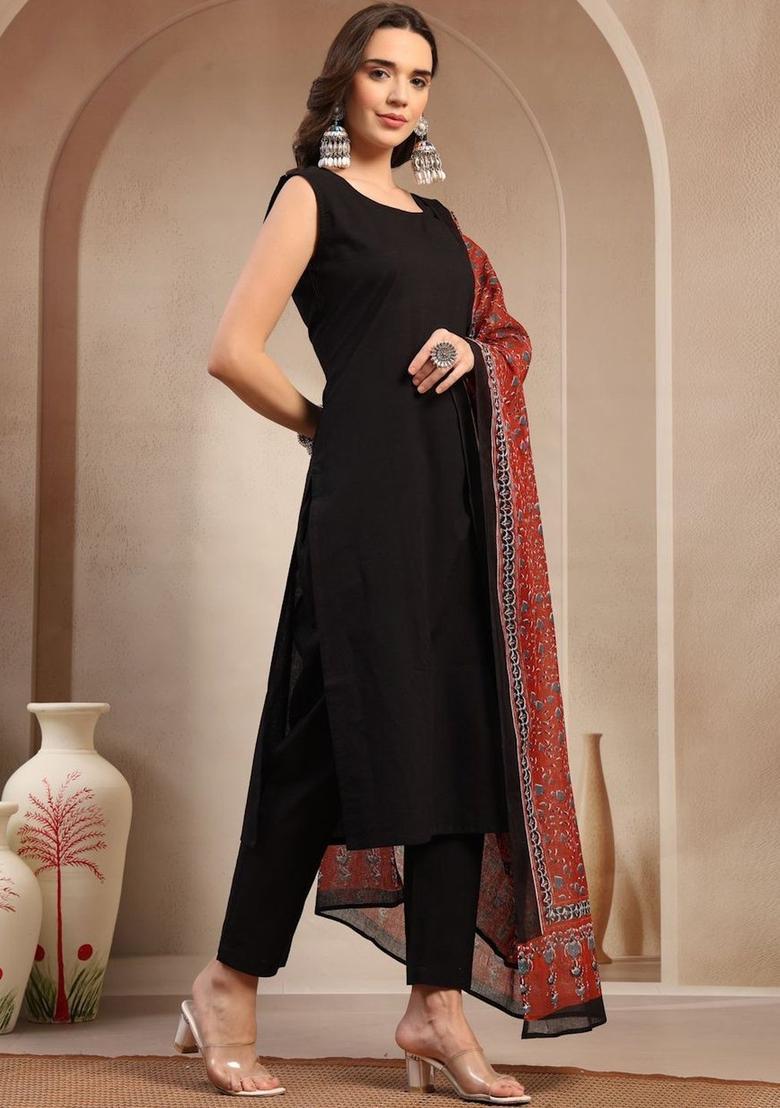 Black Solid Cotton Kurta Set - Indya