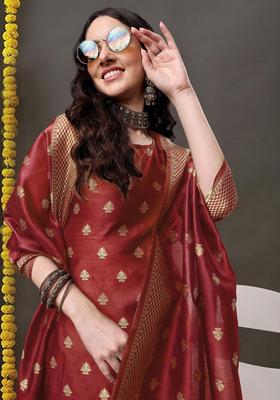 Maroon Woven Design Silk Blend Kurta Set