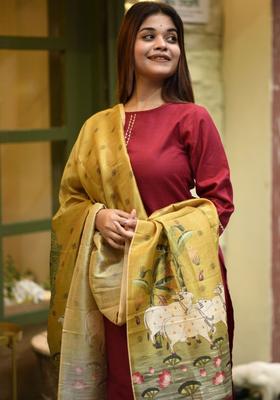 Red Solid Cotton Kurta Set