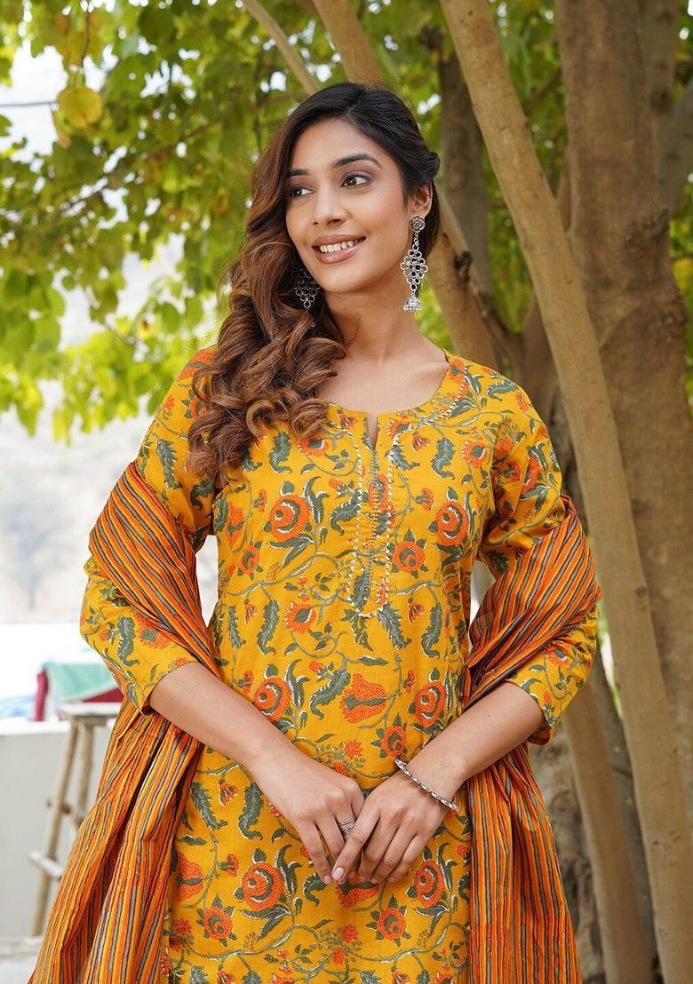Yellow Printed Cotton Kurta Set - Indya