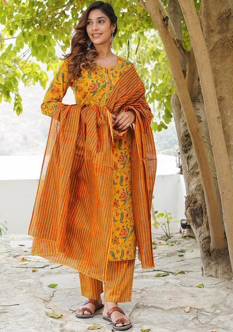 Yellow Printed Cotton Kurta Set — view on Indya