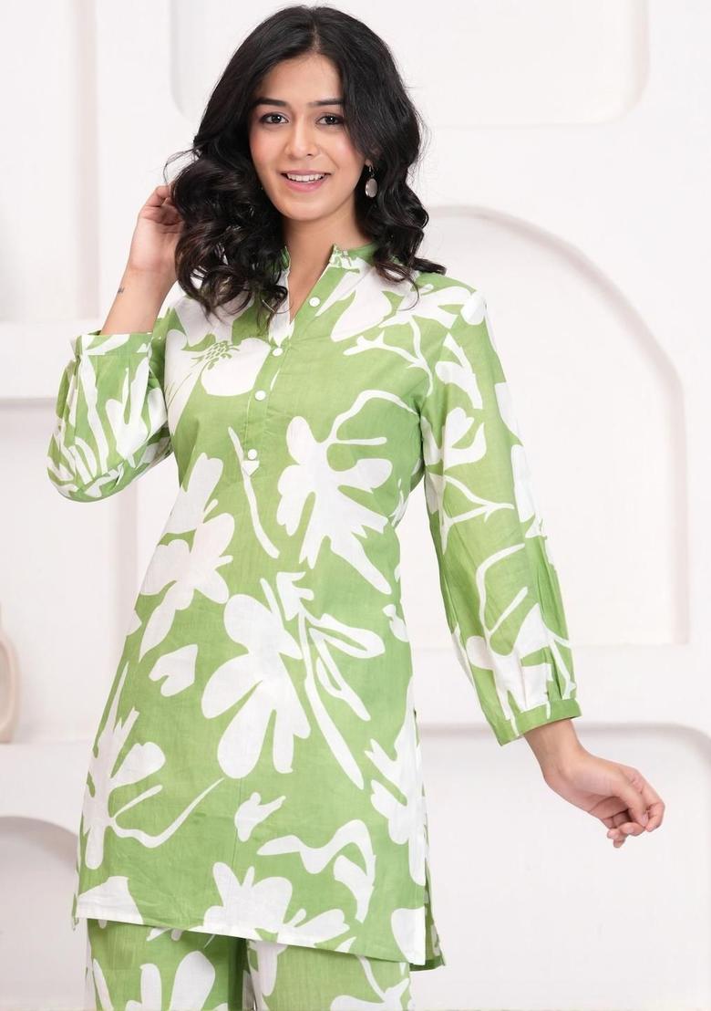 Green Printed Cotton Kurta Set - Indya