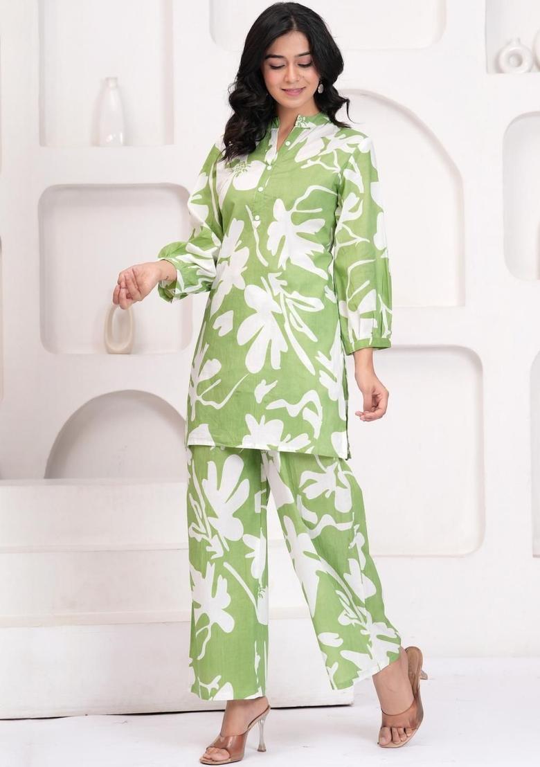 Green Printed Cotton Kurta Set - Indya