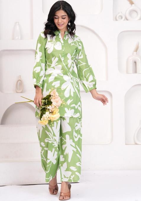 Green Printed Cotton Kurta Set — view on Indya