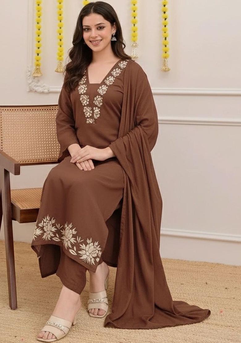Brown Embroidered Viscose Kurta Set - Indya