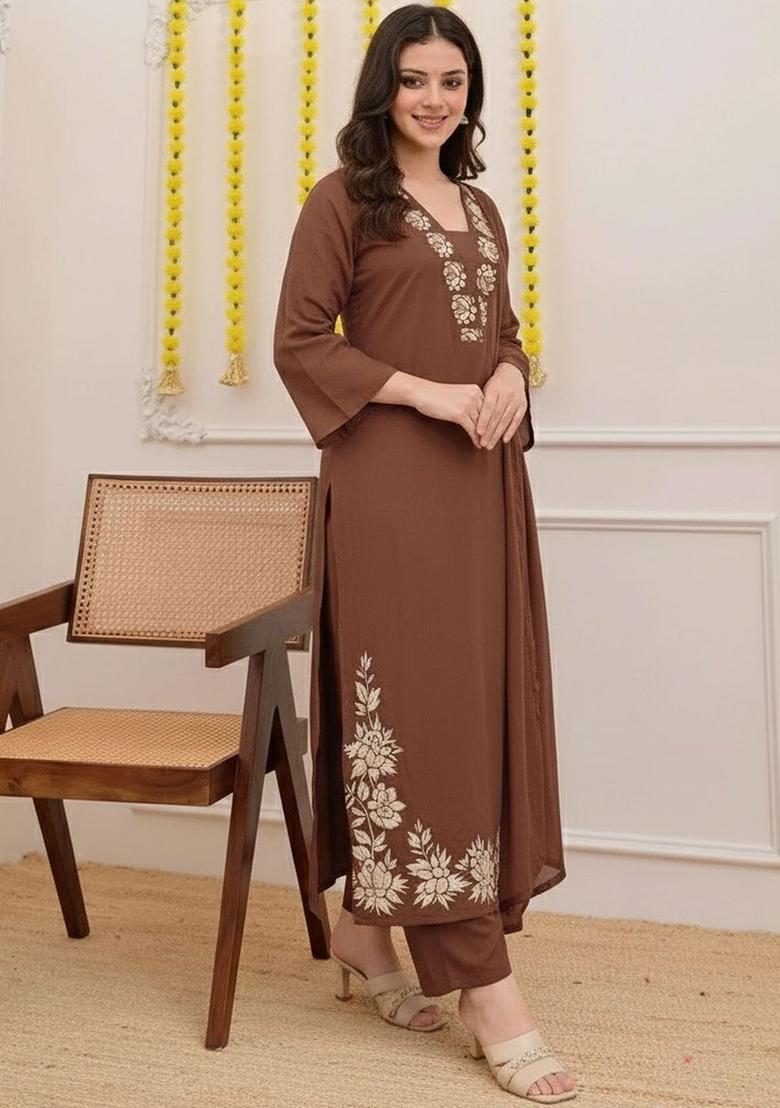 Brown Embroidered Viscose Kurta Set - Indya