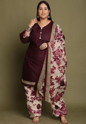 Maroon Printed Cotton Kurta Set