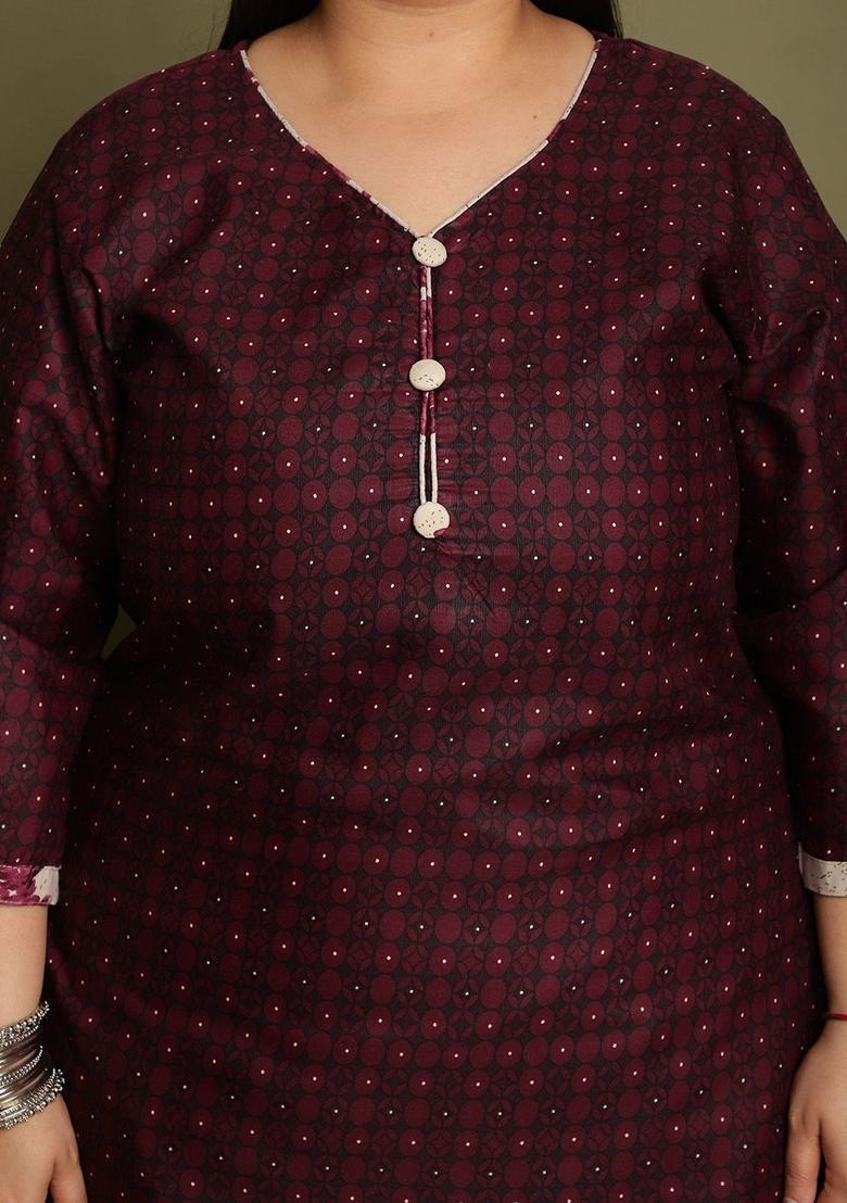 Maroon Printed Cotton Kurta Set - Indya