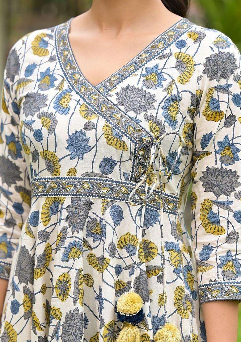 White Printed Cotton Kurta Set - Indya