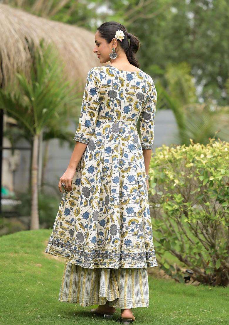 White Printed Cotton Kurta Set - Indya