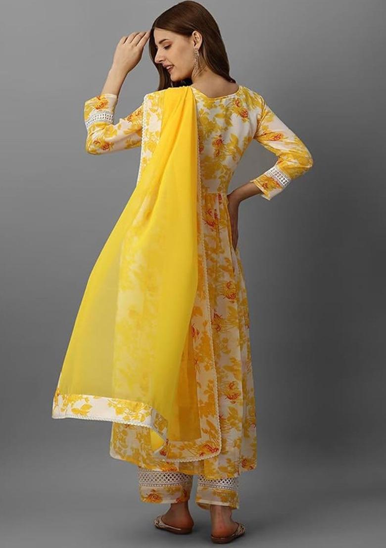 Yellow Printed Cotton Kurta Set - Indya