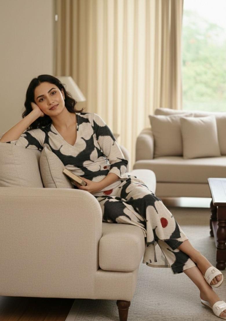 White Printed Viscose Kurta Set - Indya
