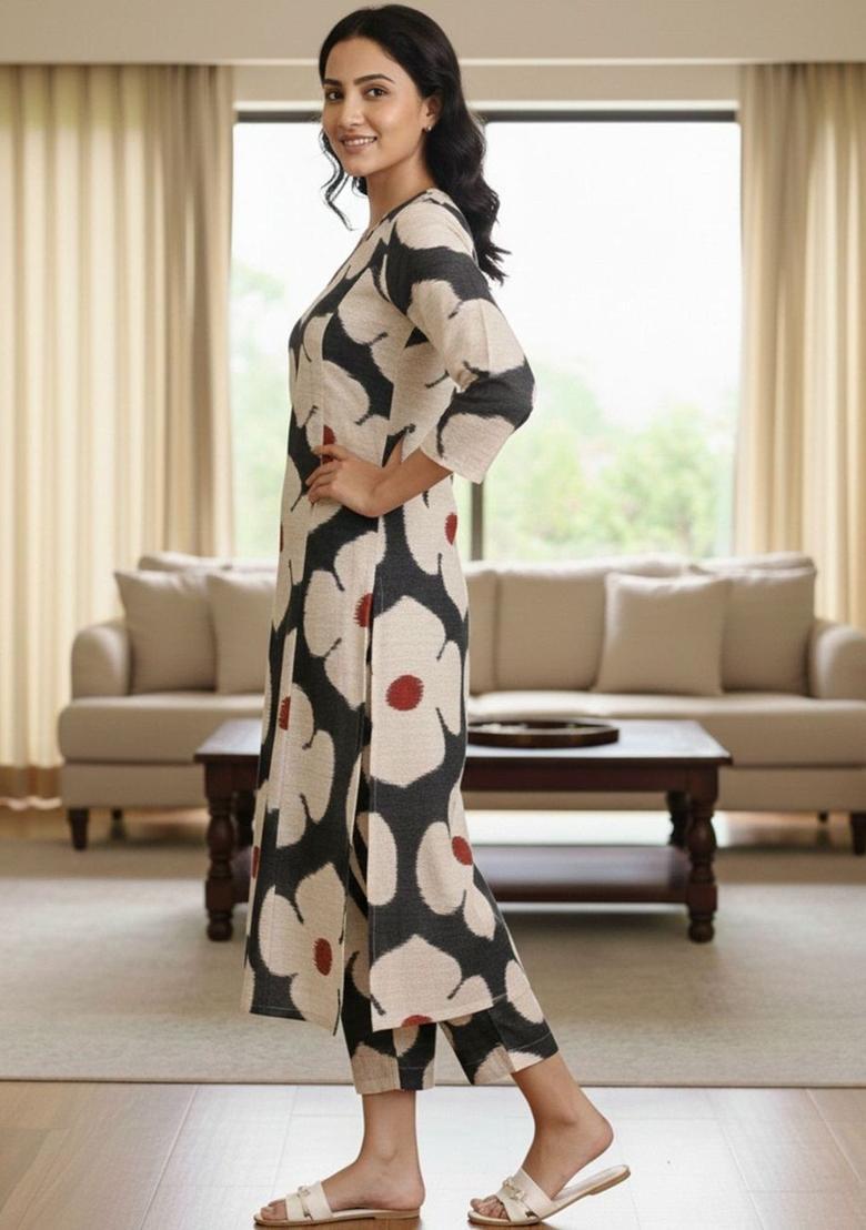 White Printed Viscose Kurta Set - Indya